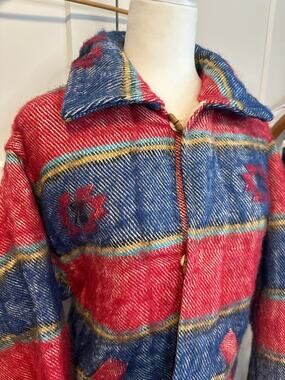 183. Vintage blanket coat; homemade?; red and blue; western